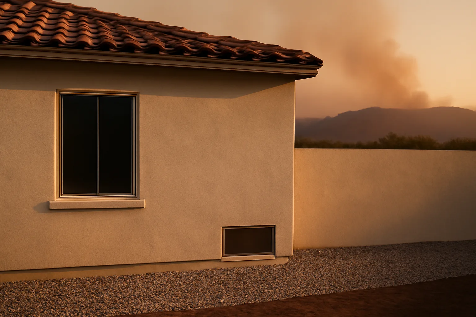 Stucco home with tile roof and cleared gravel zone showing fire resistant home design