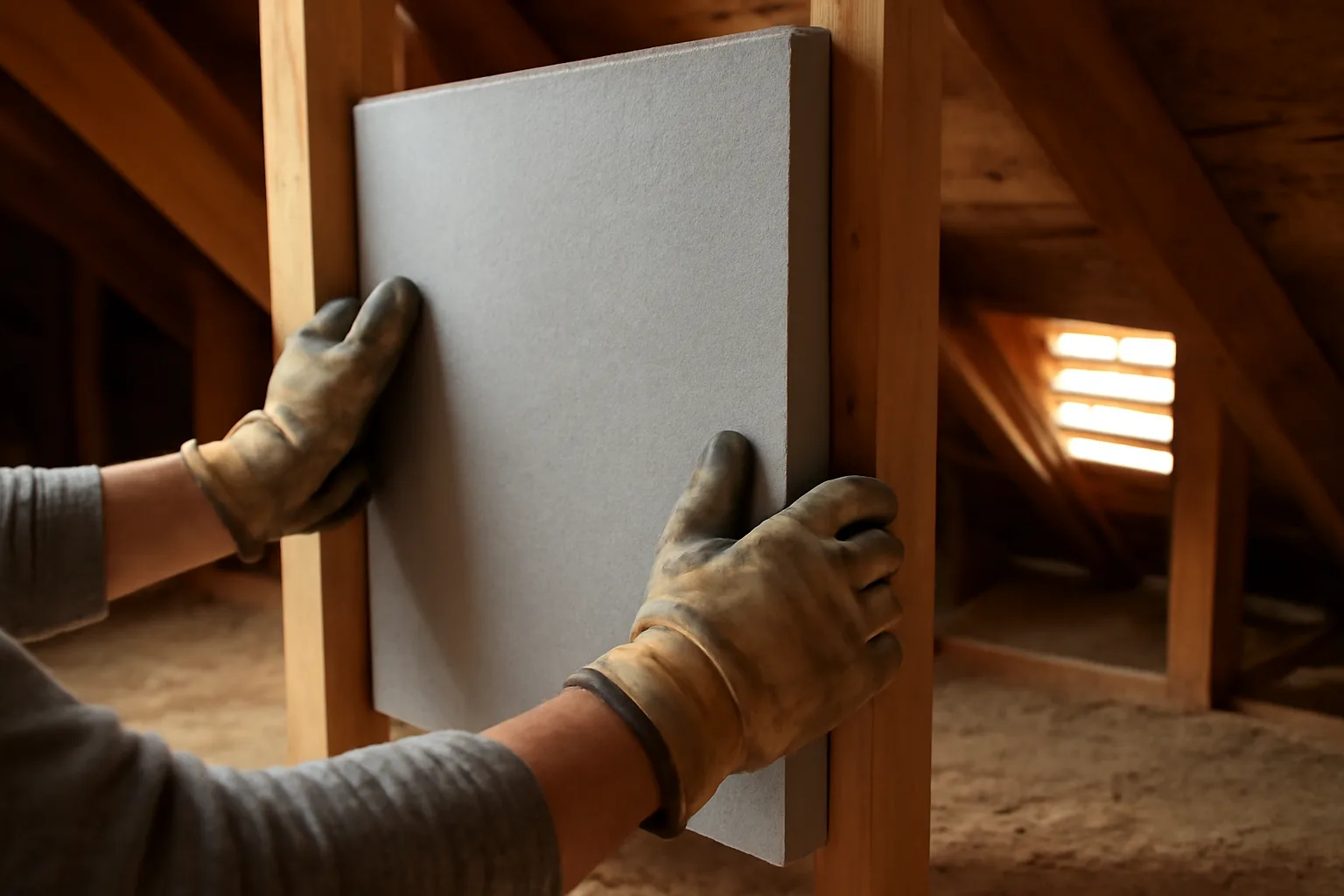 Homeowner installing fire-resistant insulation board in an attic wall near a vent opening