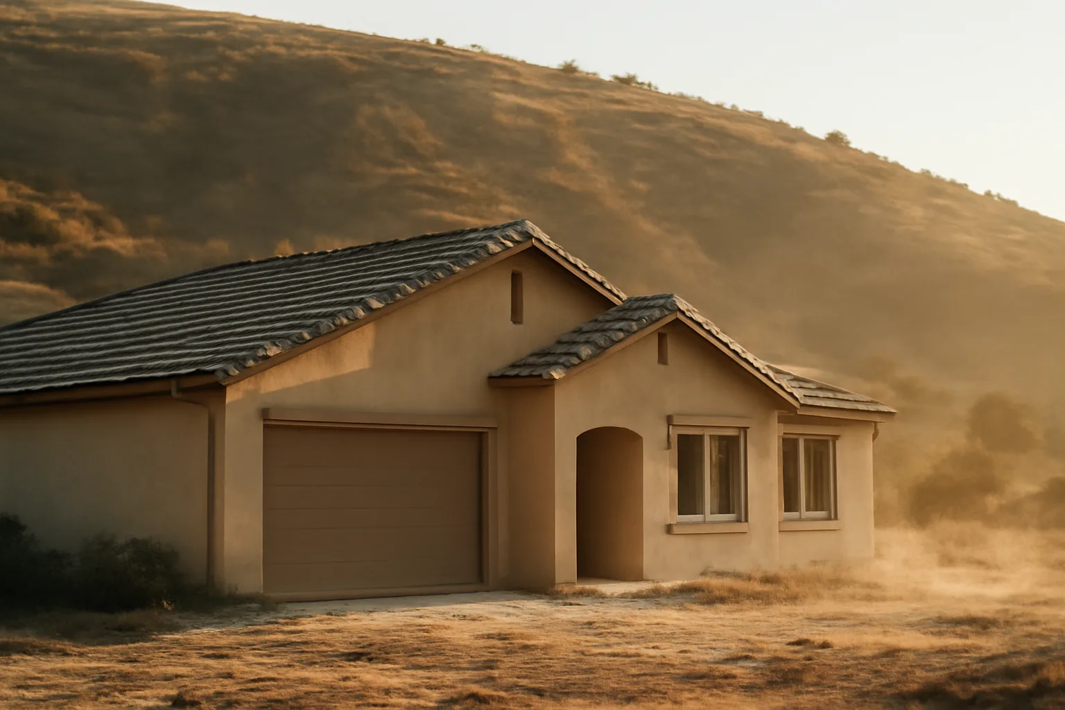 Stucco home with fire-resistant tile roof and cleared defensible space against a dry hillside