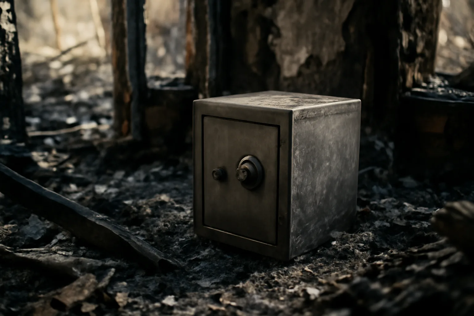 Fire resistant safe surviving intact in the ashes of a burned home interior