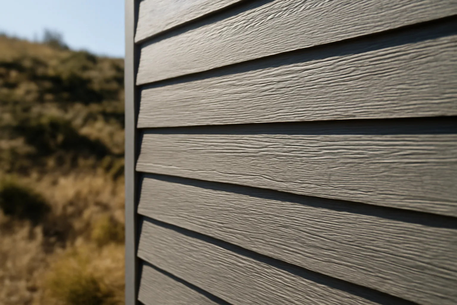 Fiber cement fire resistant siding panels installed on a home exterior near dry brush