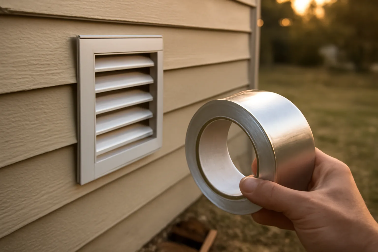 Homeowner holding foil tape roll near a home vent with dry brush in background