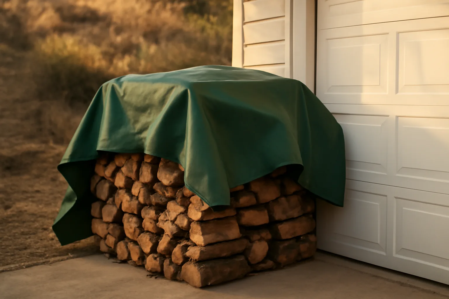 Fire resistant tarp covering a woodpile near a home with dry hillside brush behind it