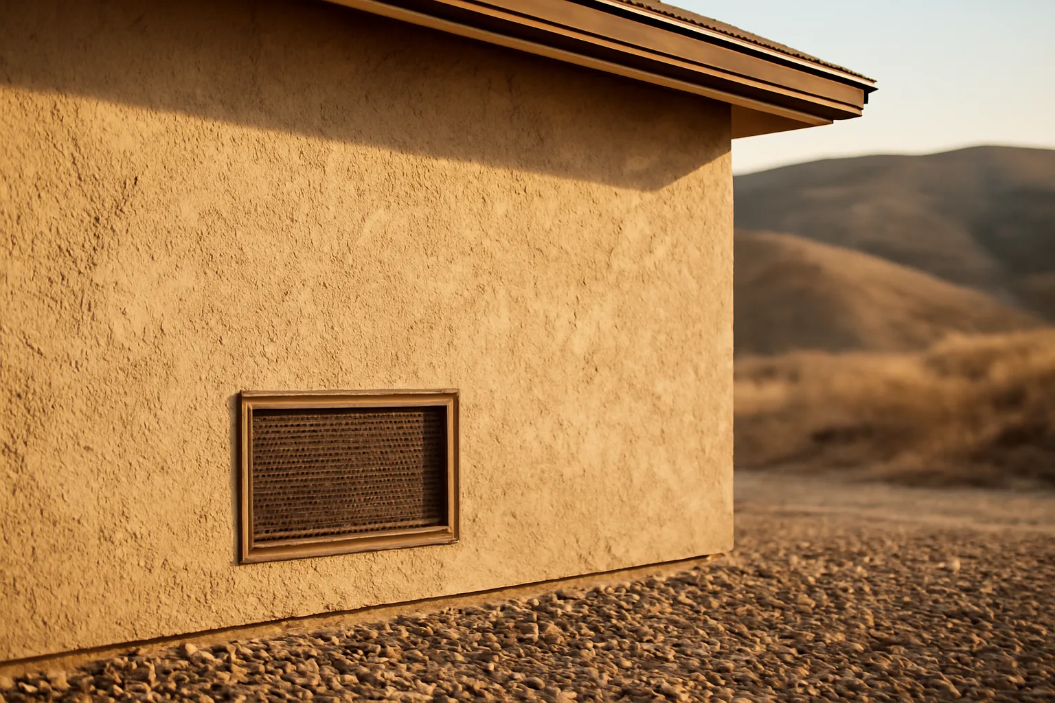 House exterior showing ember-resistant vent mesh and cleared gravel zone near foundation