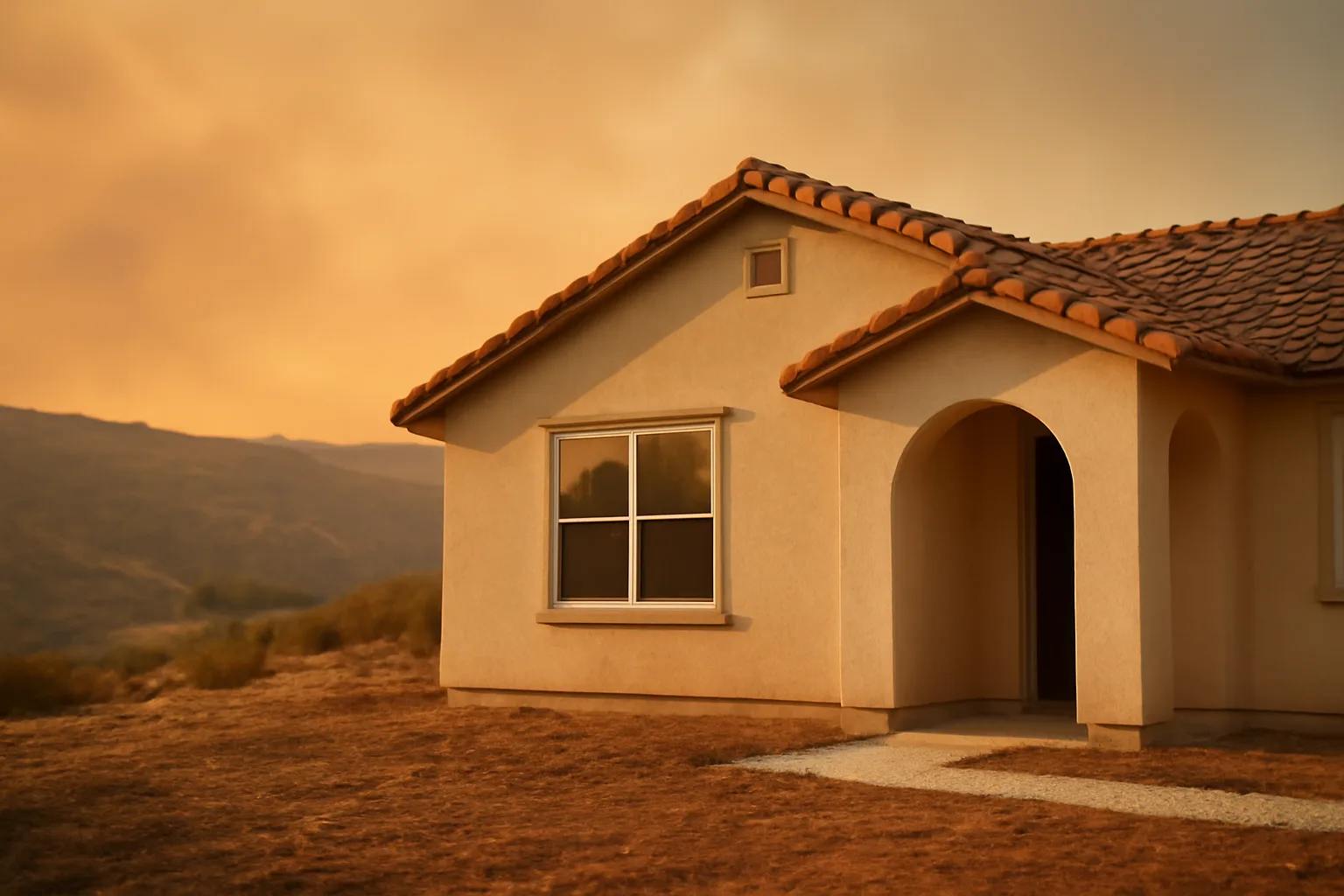Tile roof home with cleared defensible space zone against hazy wildfire smoke horizon