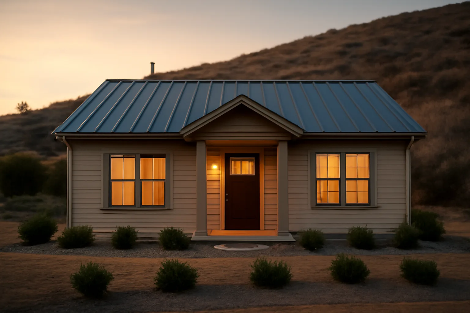 Fire safe house with metal roof and gravel clearance zone against wildland hillside