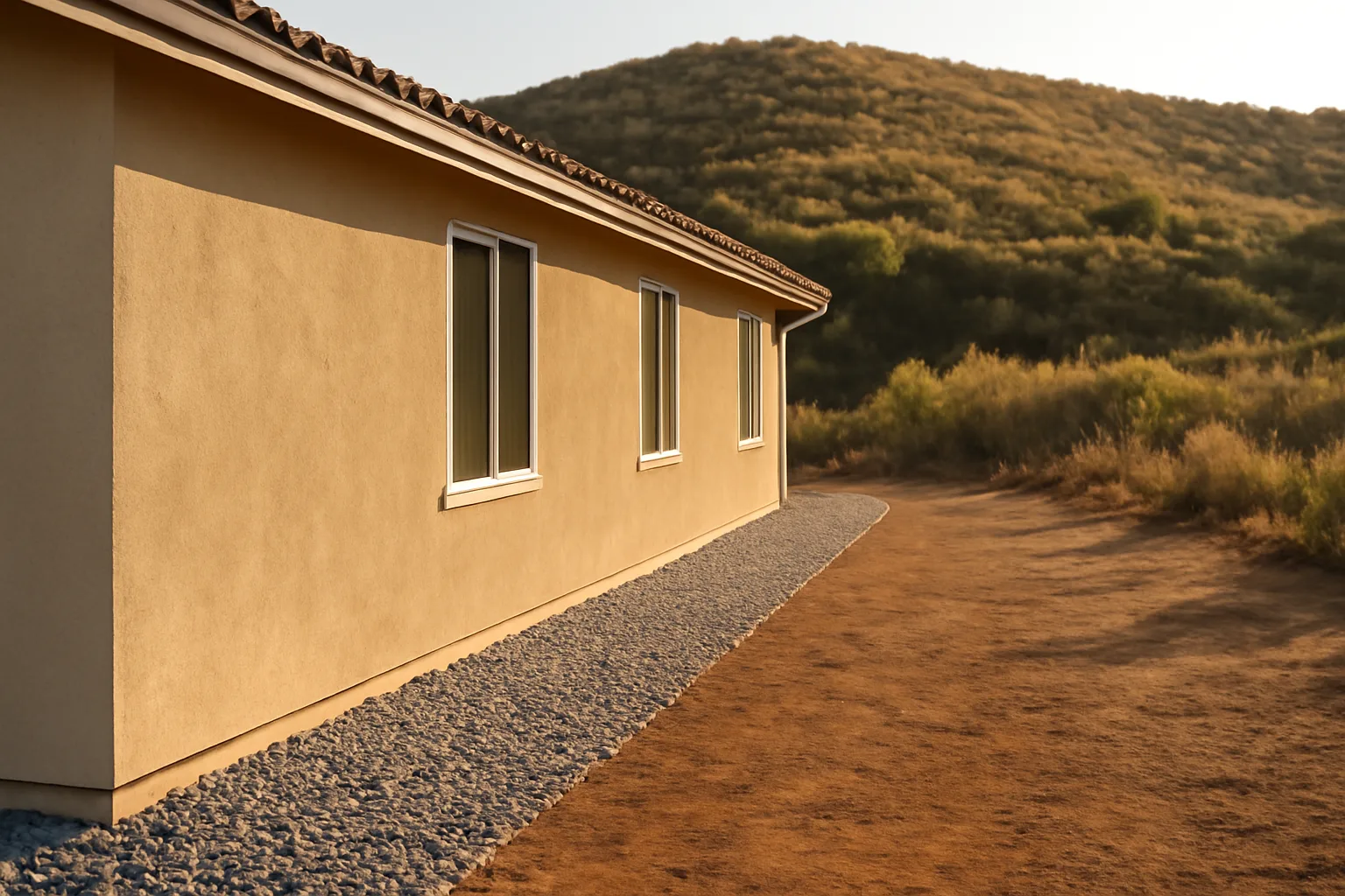 Cleared gravel defensible space zone around a house foundation near wildland hillside