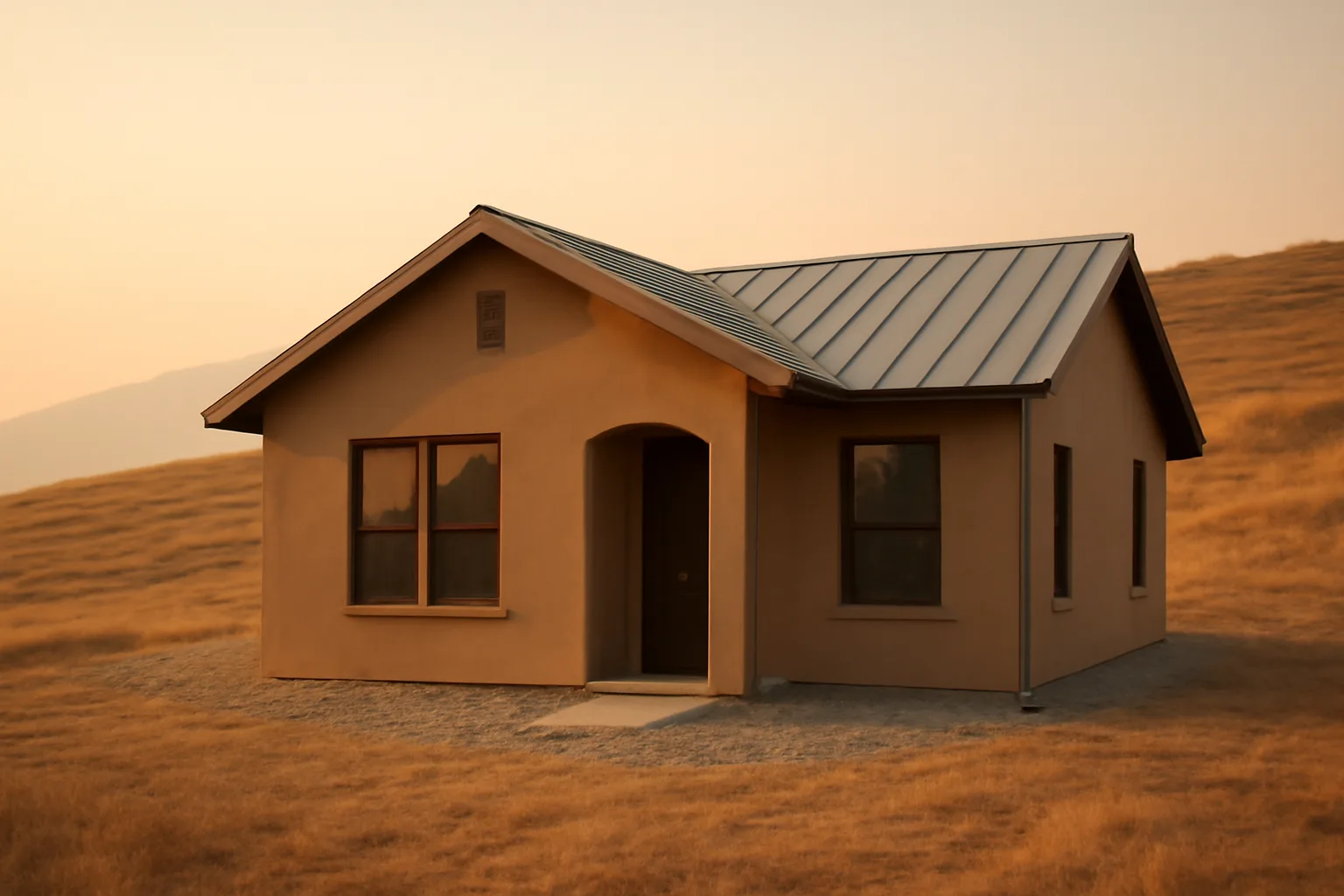 Hardened home with metal roof and cleared ground buffer against a smoky hillside