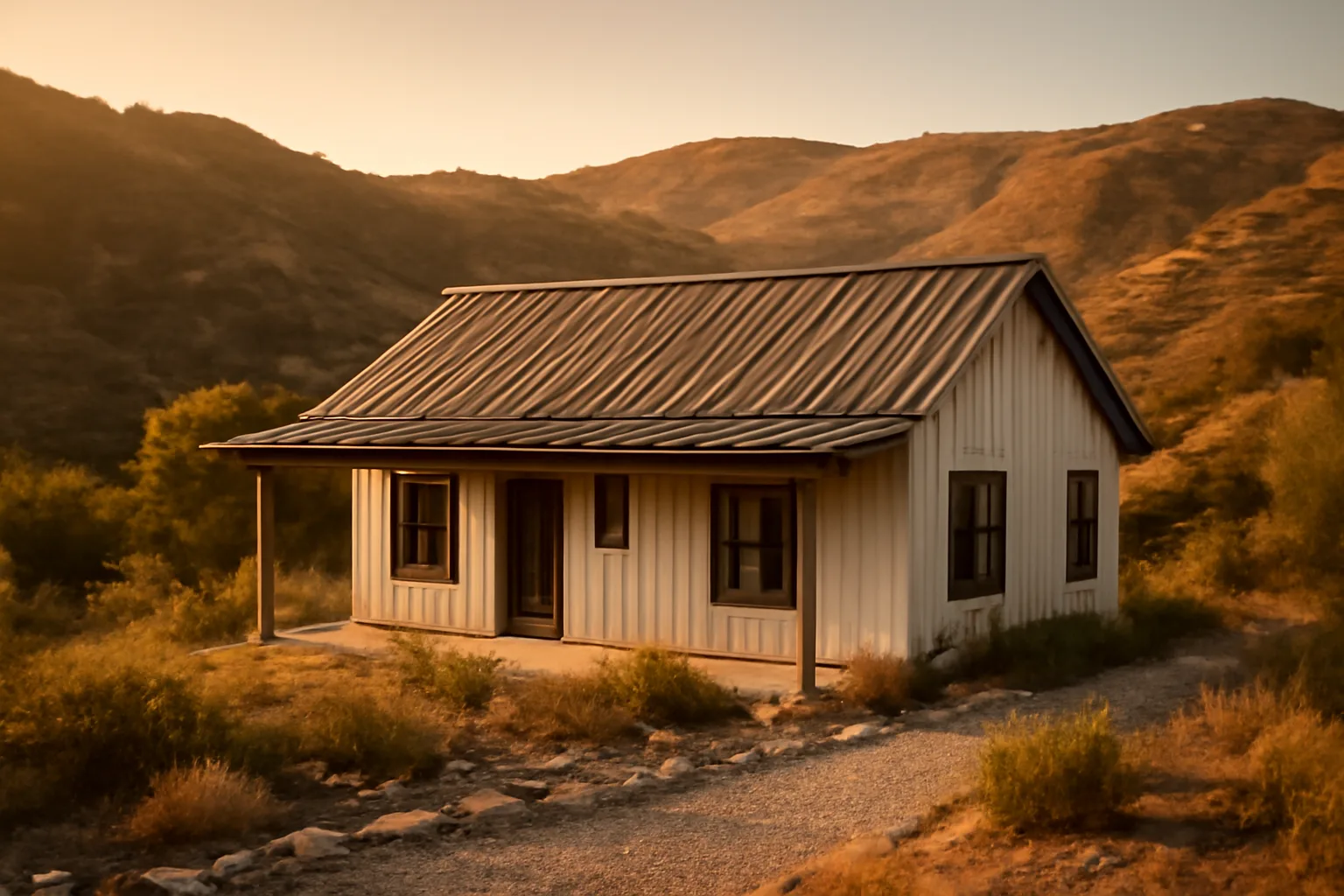 California home with gravel Zone 0 buffer and metal roof against chaparral hillside