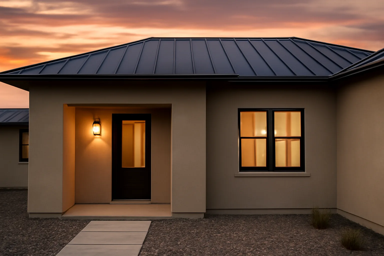 Home with metal roof and gravel foundation border demonstrating firestorm building products against a smoky sky