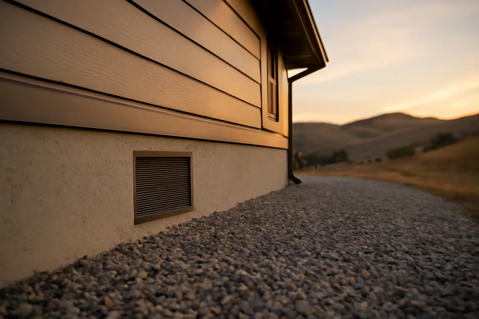 Home foundation with gravel and ember-resistant vent screen near dry wildfire-prone hillside