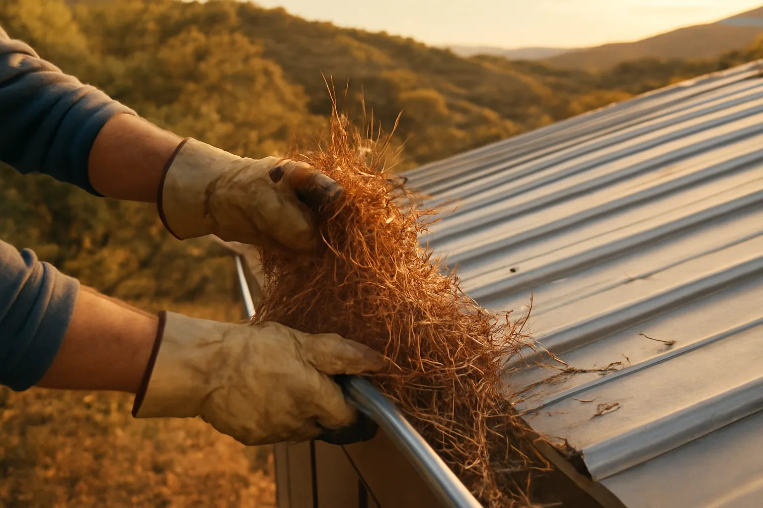 Homeowner clearing pine needles from gutter as part of home fire safety tips