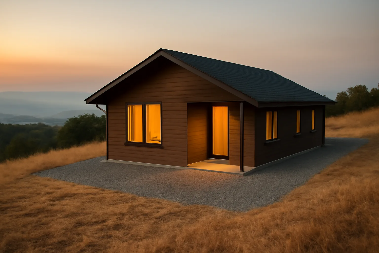 Cleared five-foot defensible space gravel zone around a hillside home at dusk