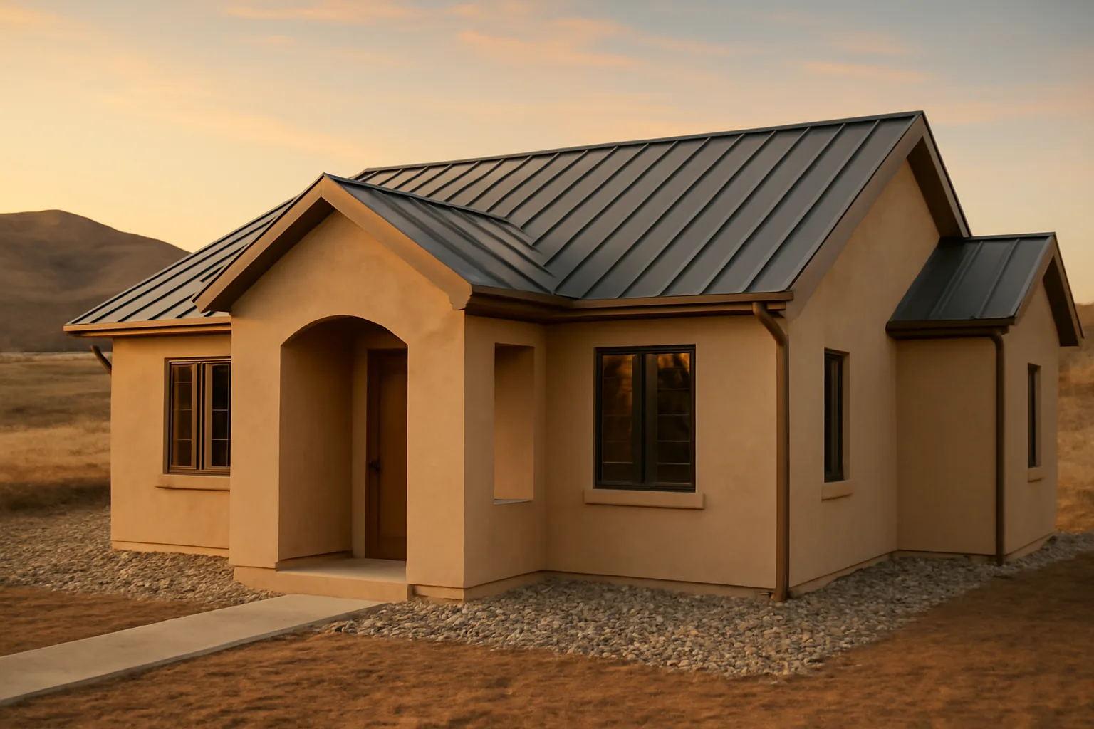 Fire resistant home with metal roof and gravel zone against dry hillside backdrop