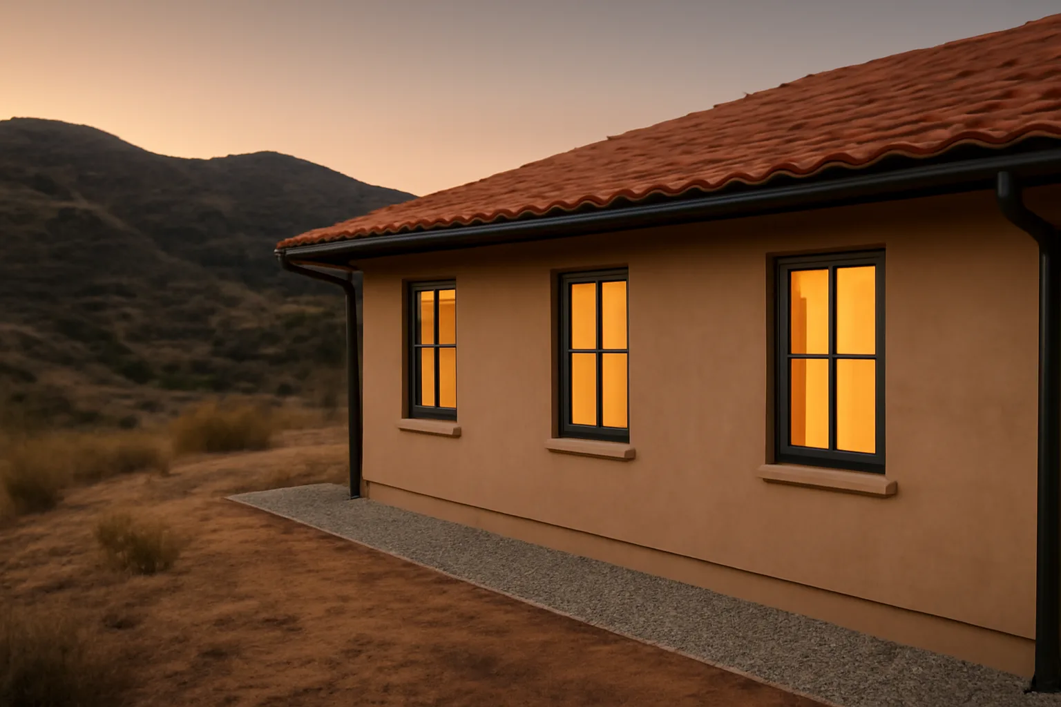 Hillside house with tile roof and gravel foundation clearing built to resist wildfire
