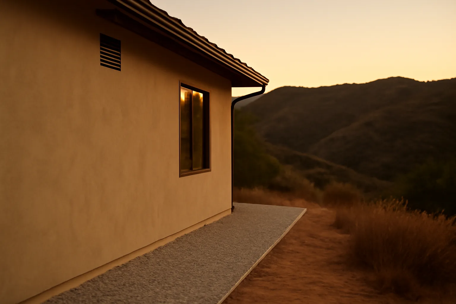 Home with cleared gravel defensible space zone against wall on a chaparral hillside at dusk
