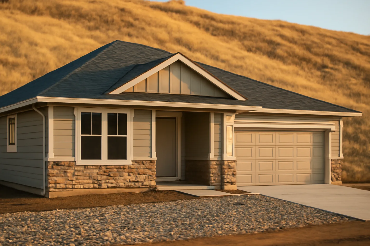 New fire-resistant home with cleared defensible space buffer against dry hillside grass