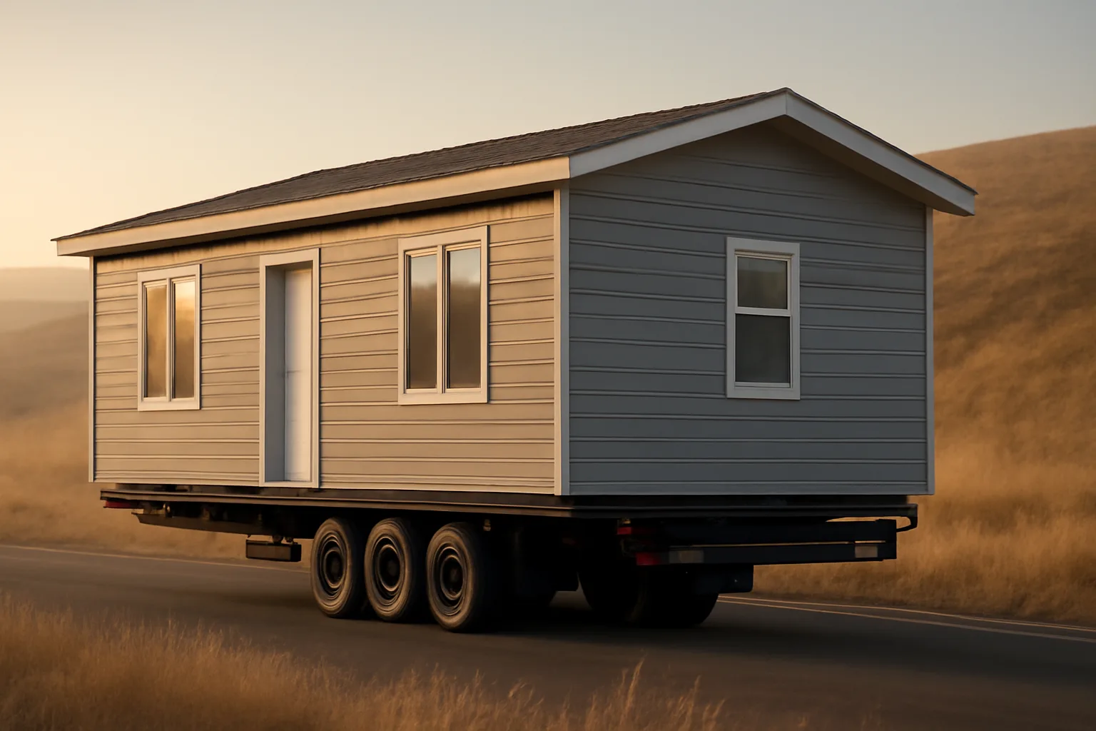 Prefab fire resistant home module with enclosed eaves being delivered near a dry hillside