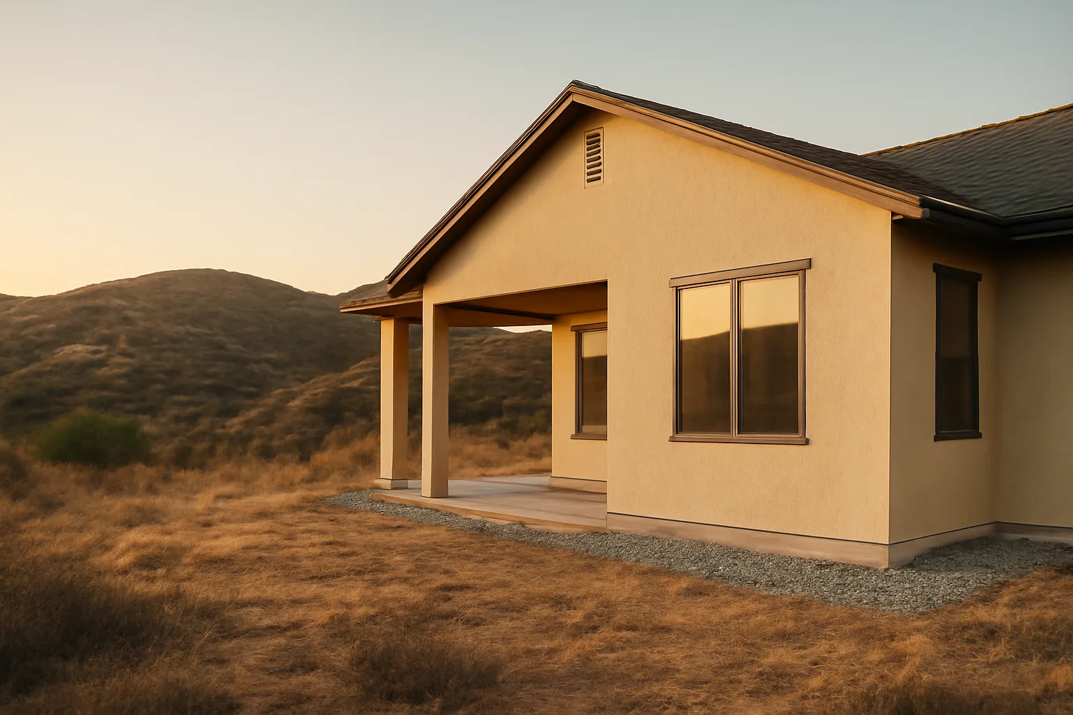 Home with cleared defensible space zone and gravel border on a dry hillside at dusk