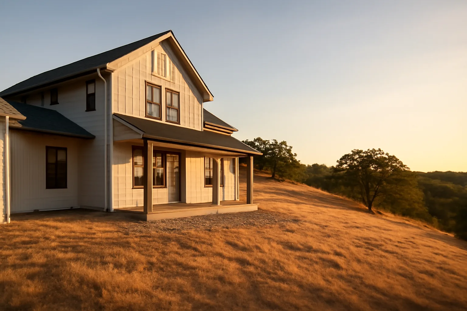 Wildfire prepared home with gravel defensible space border and cleared hillside vegetation