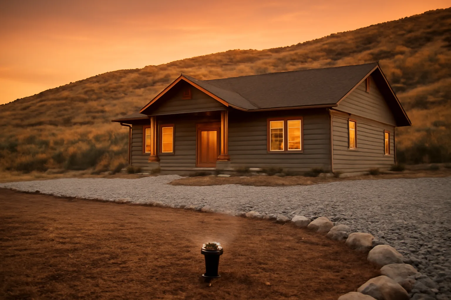Home with cleared defensible space and exterior sprinkler near dry wildland hillside at dusk