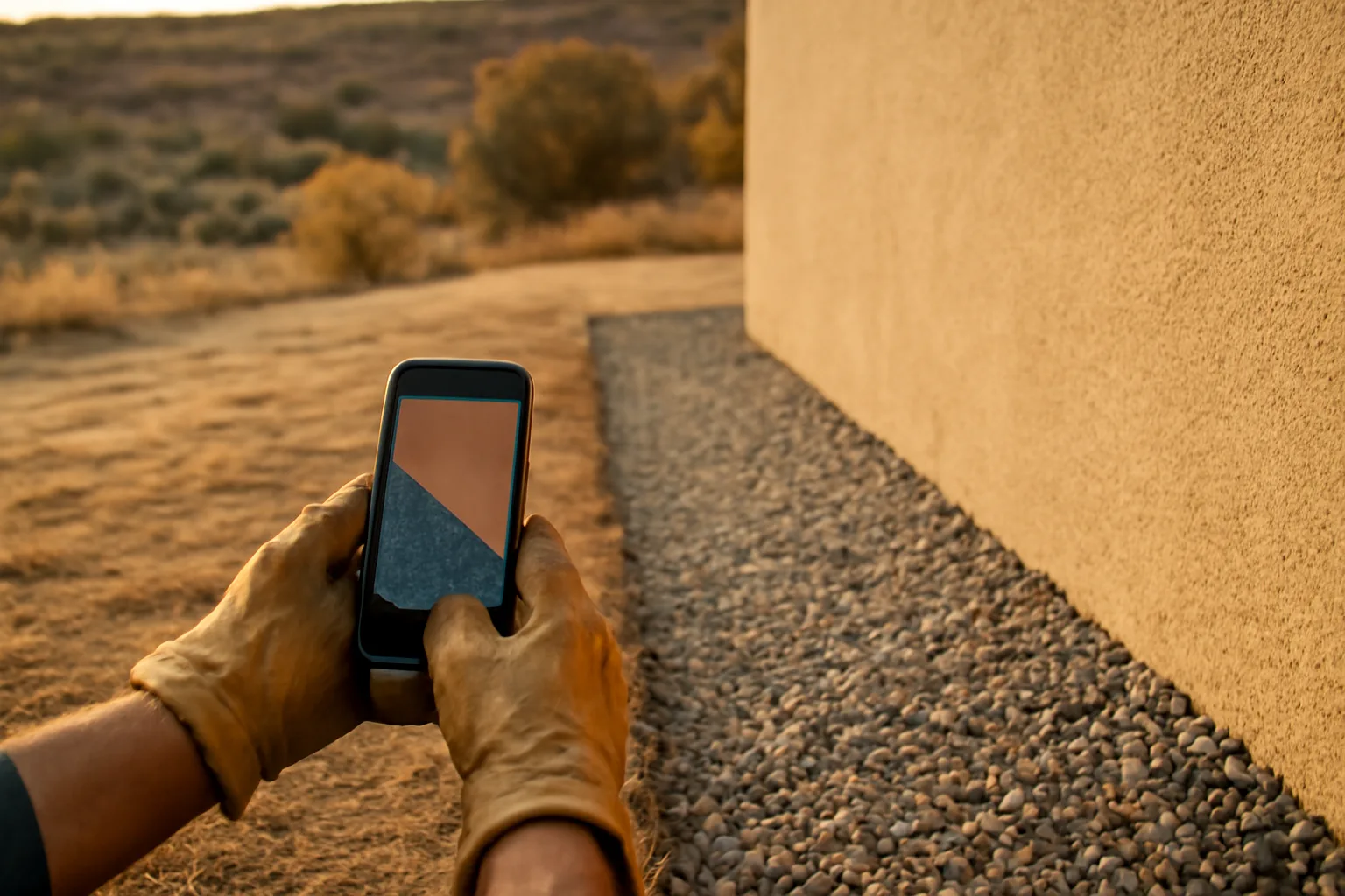 Homeowner documenting a cleared defensible space zone next to a house before wildfire season