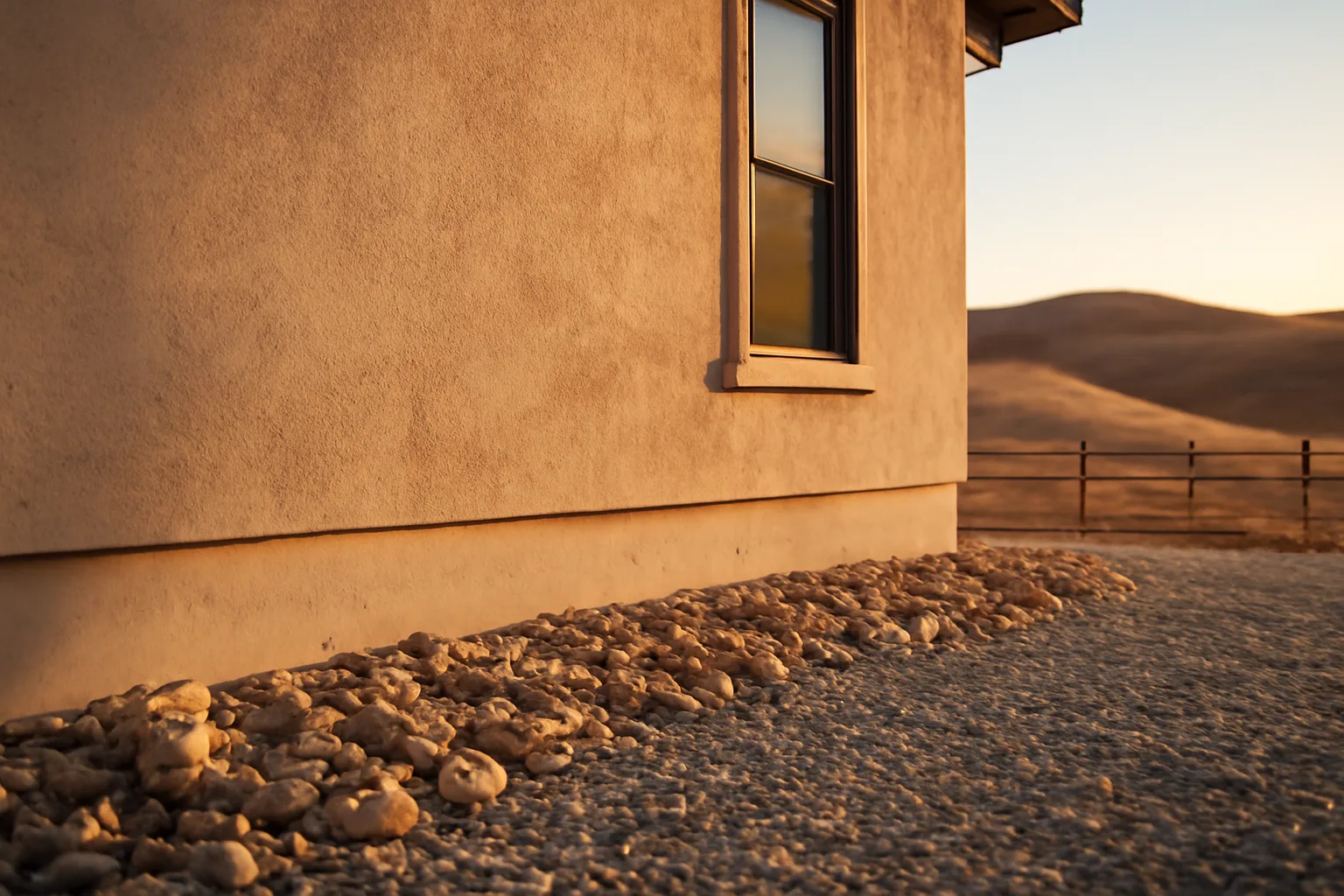 Cleared defensible space zone next to a California home with dry hills behind it