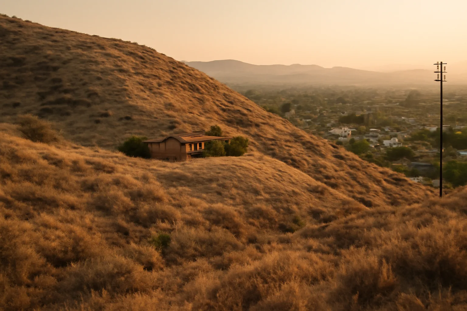 Foothill home with cleared defensible space near power lines at dusk