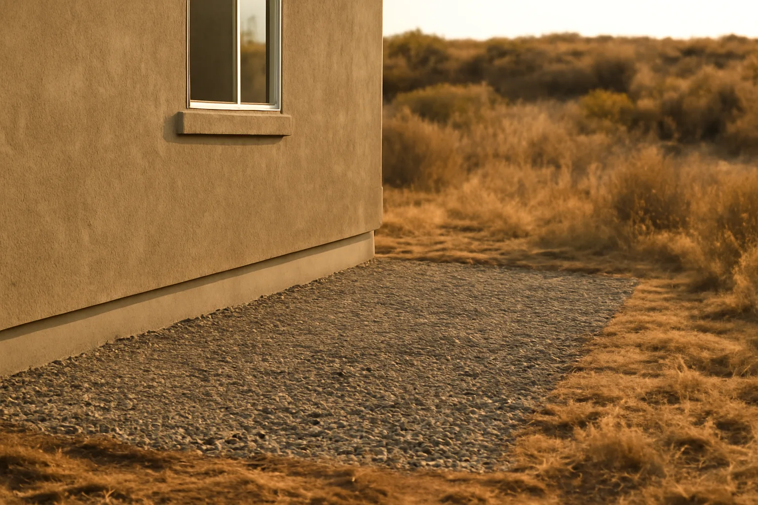 Cleared defensible space zone around a house foundation with dry hills in the background