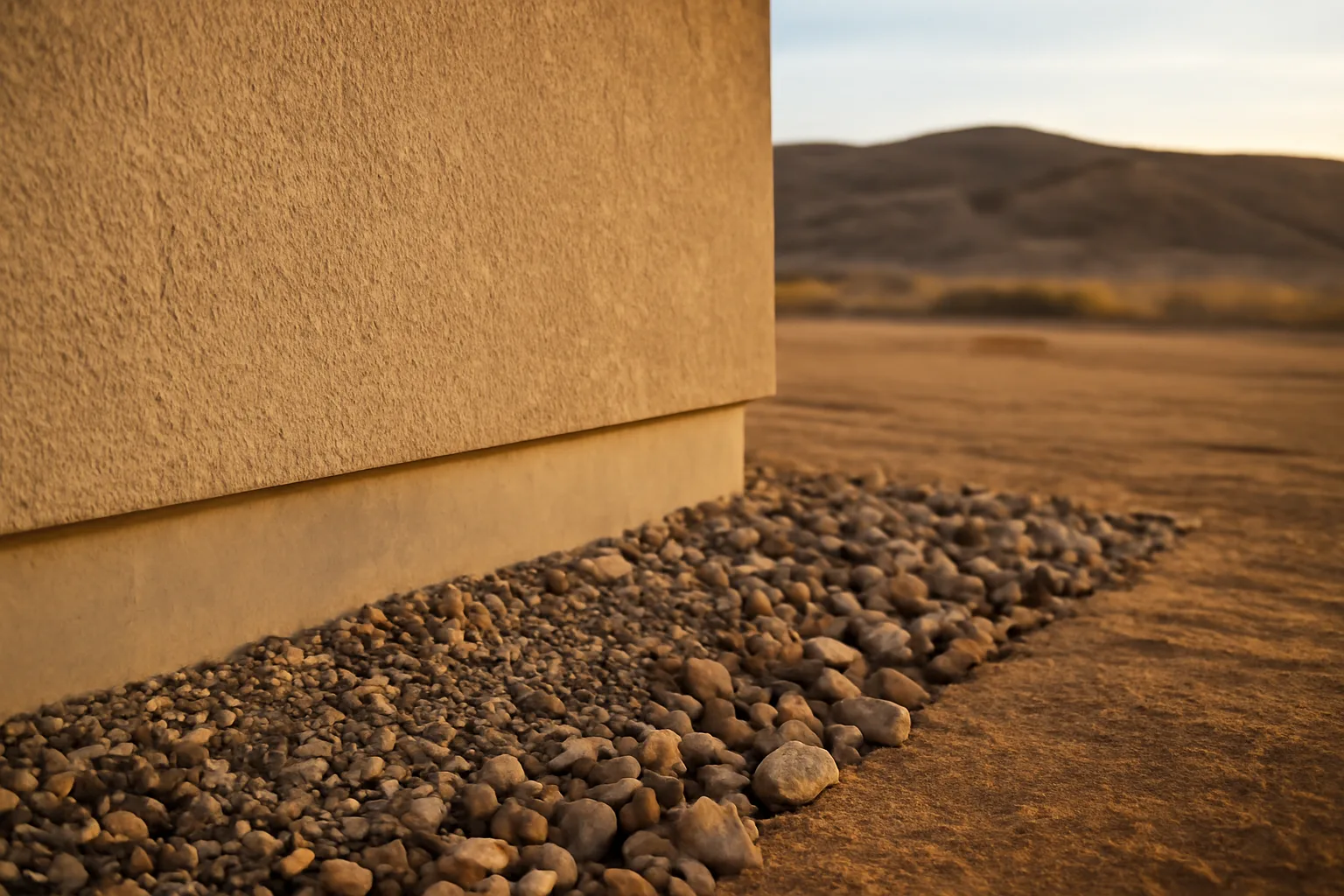 Home foundation with gravel ember-resistant zone and cleared defensible space against dry hillside