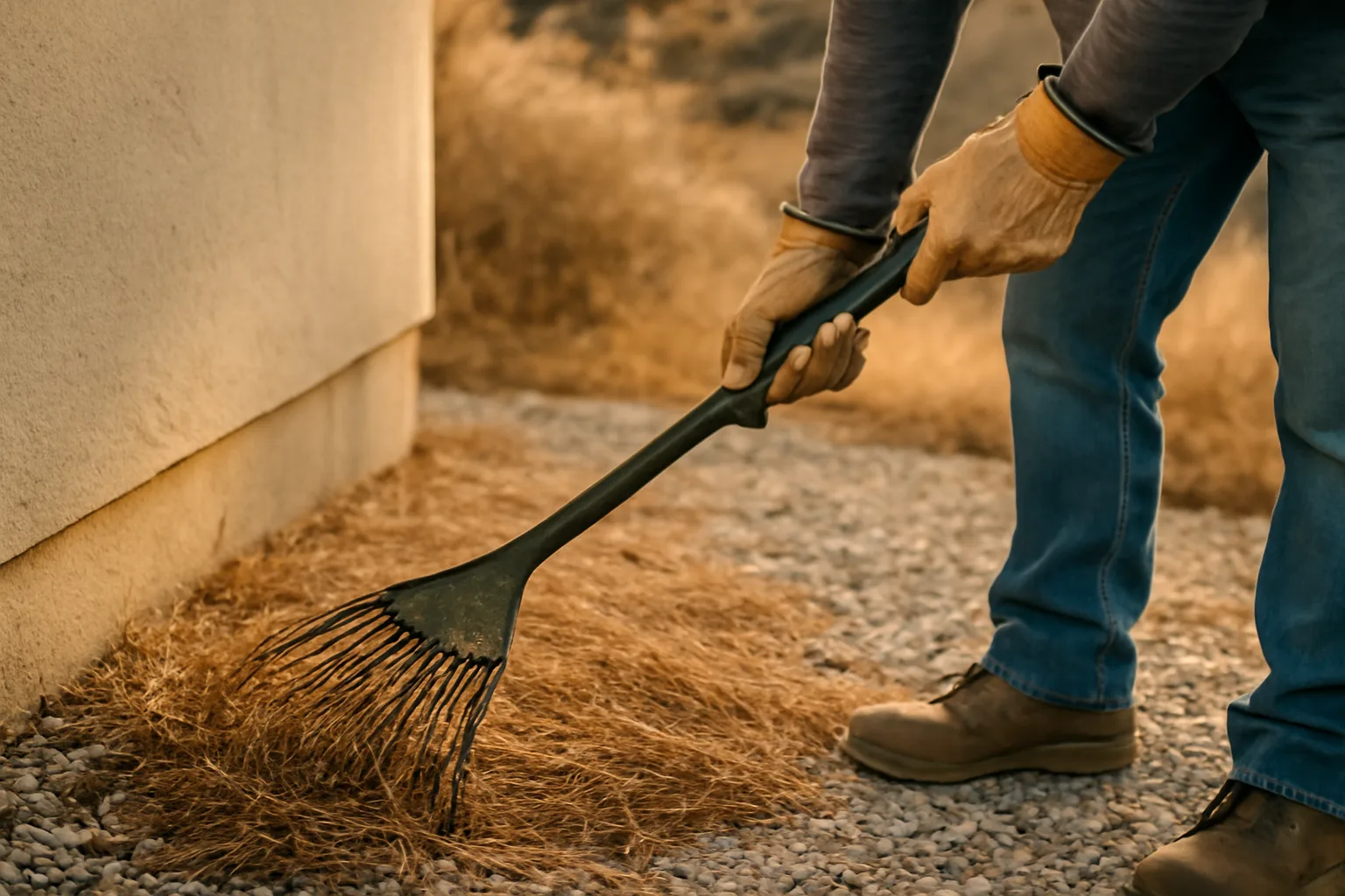 Homeowner clearing dry vegetation from the defensible space zone near a house