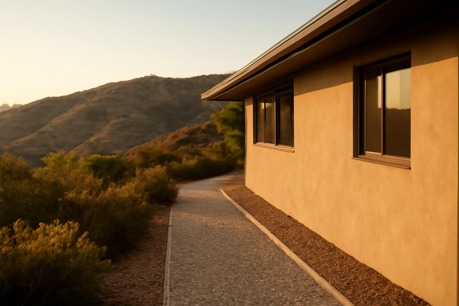 Hillside Los Angeles home with gravel ember-resistant zone and cleared canyon brush beyond