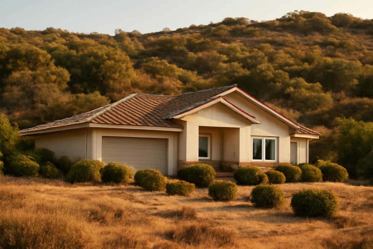 Home surrounded by cleared 100 foot defensible space buffer before dense wildland brush