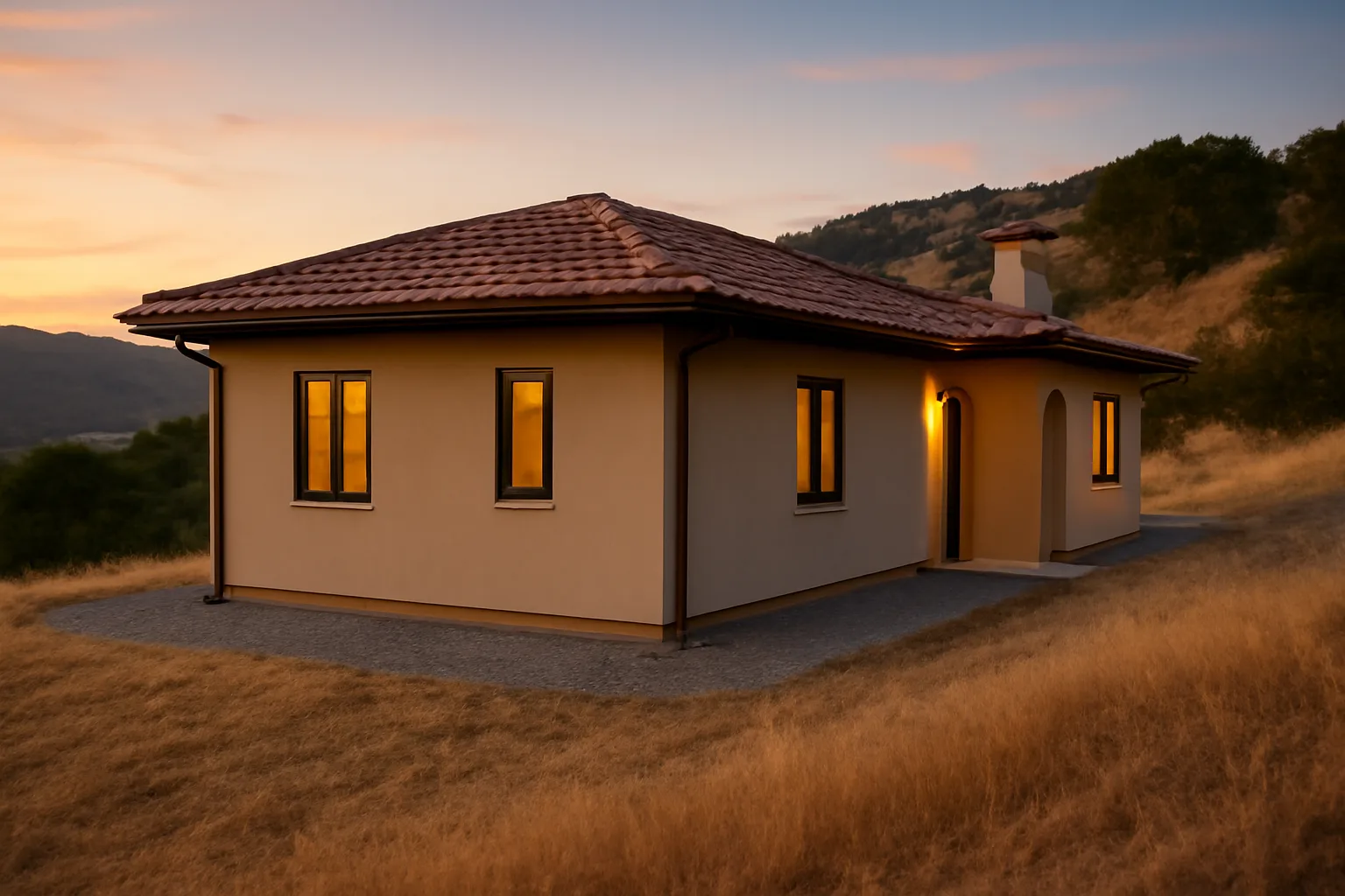 Hillside home with cleared defensible space buffer against dry grass at dusk