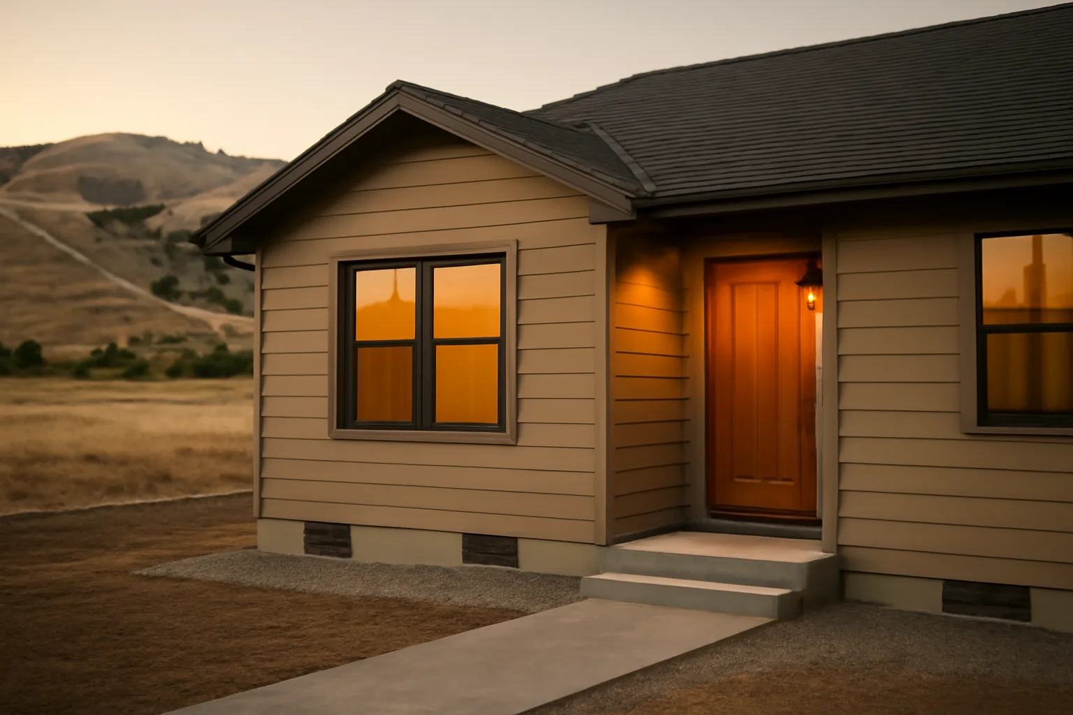House with cleared defensible space and metal vent screens near dry wildland hills at dusk