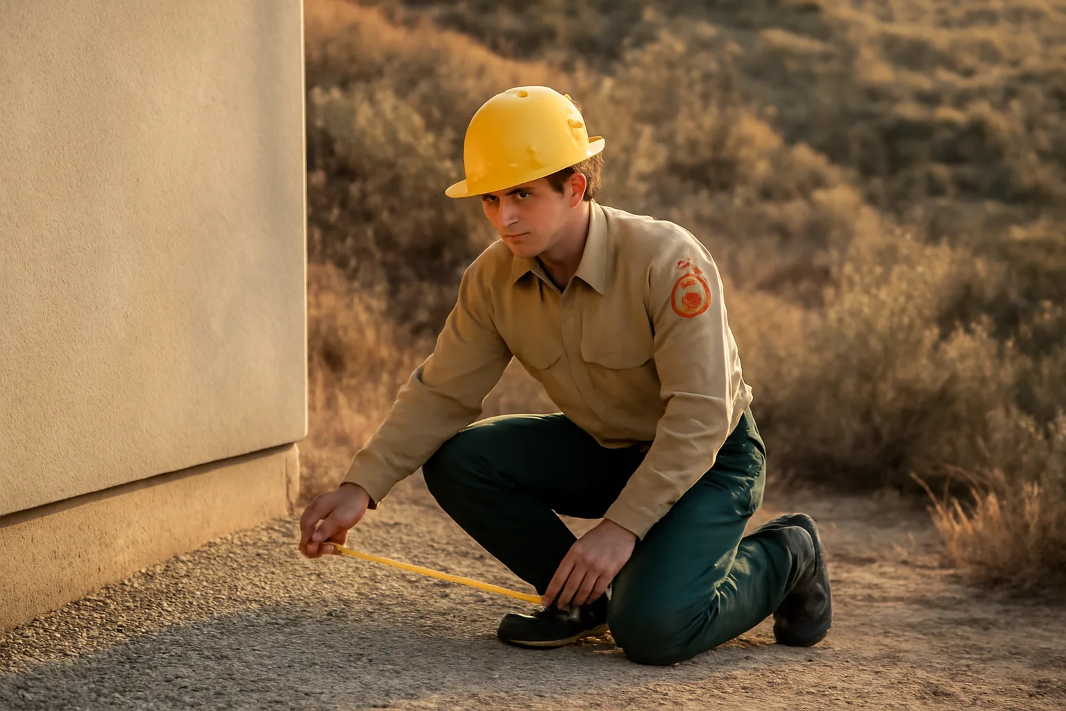 Fire inspector measuring defensible space clearance zone beside a California hillside home