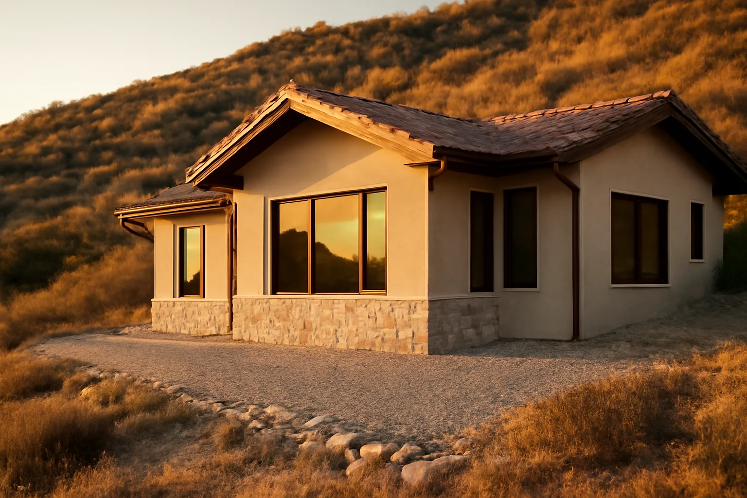 Hillside home with cleared defensible space buffer against dry chaparral slope
