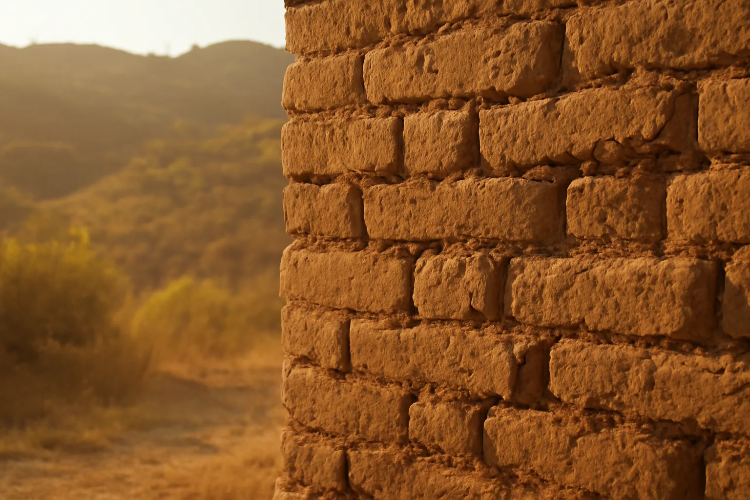 Sunlit adobe brick wall with dry chaparral hillside in the background