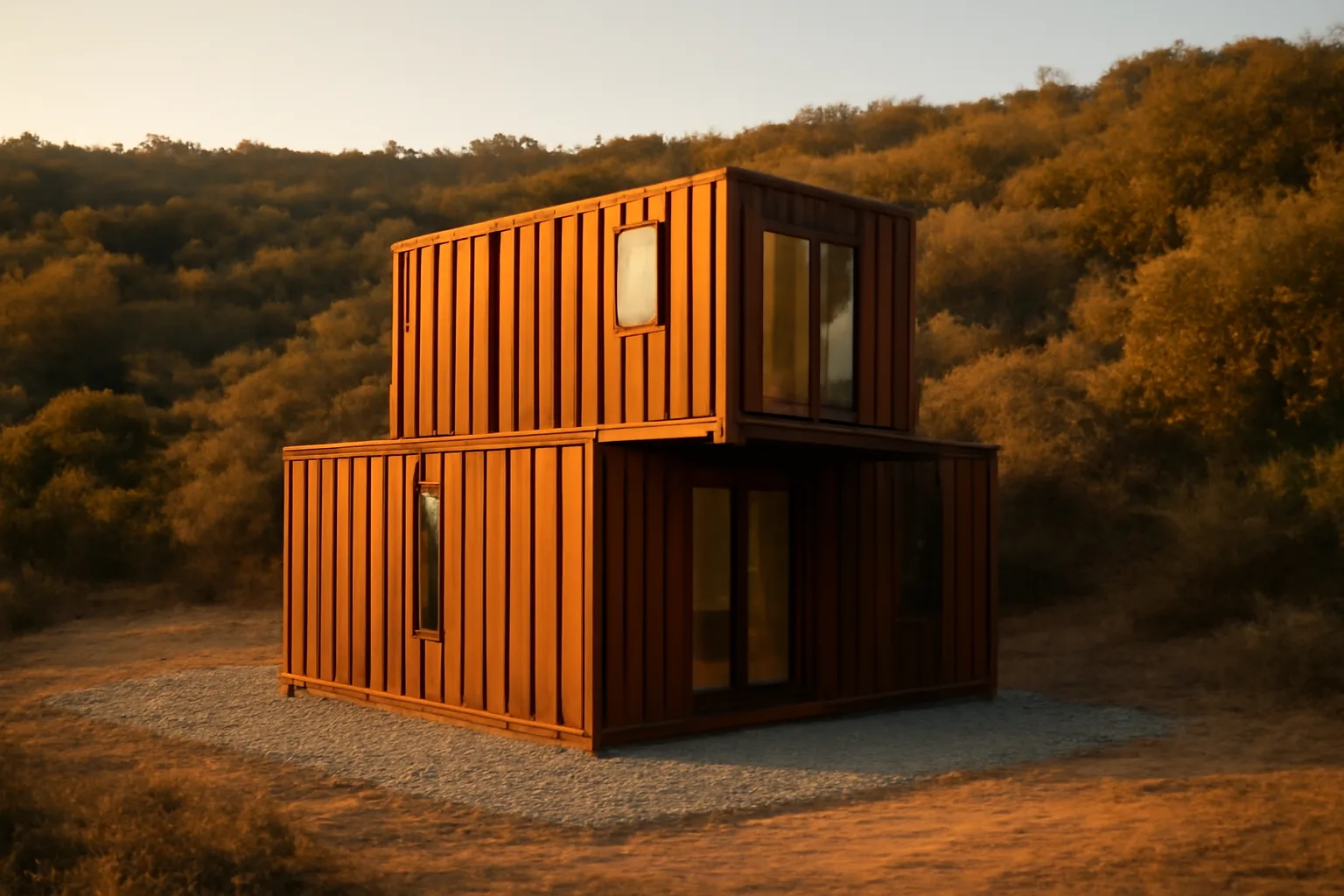 Steel container home with cleared gravel zone next to unmanaged wildfire-prone brush hillside
