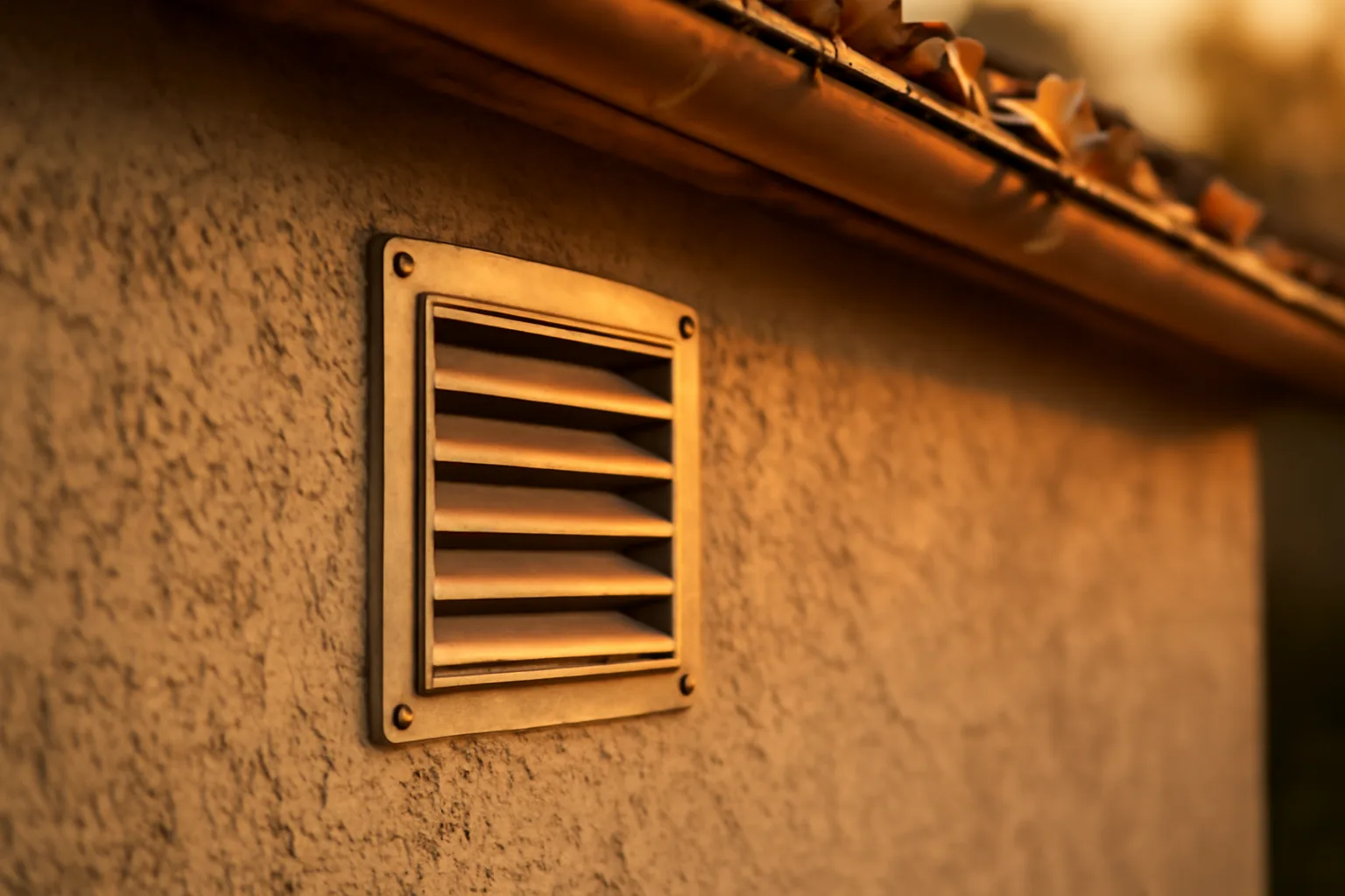 Stucco house exterior with attic vent and gutter debris in golden light