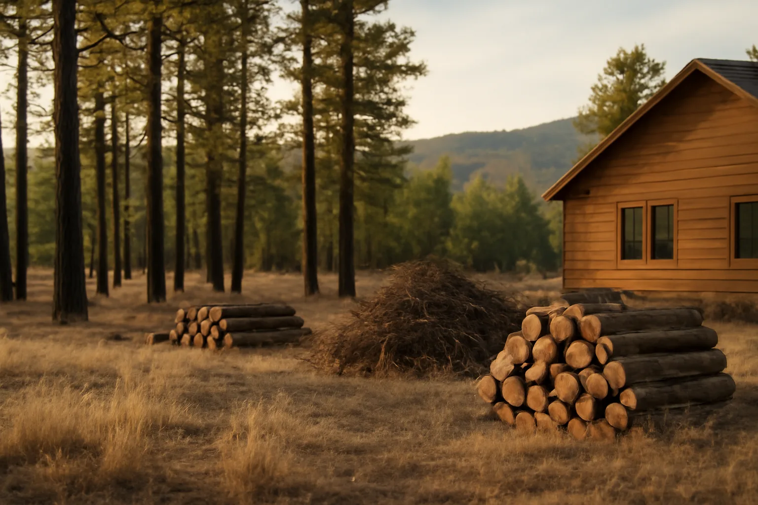 Thinned forest edge with brush piles near an Arizona home in wildfire-prone terrain