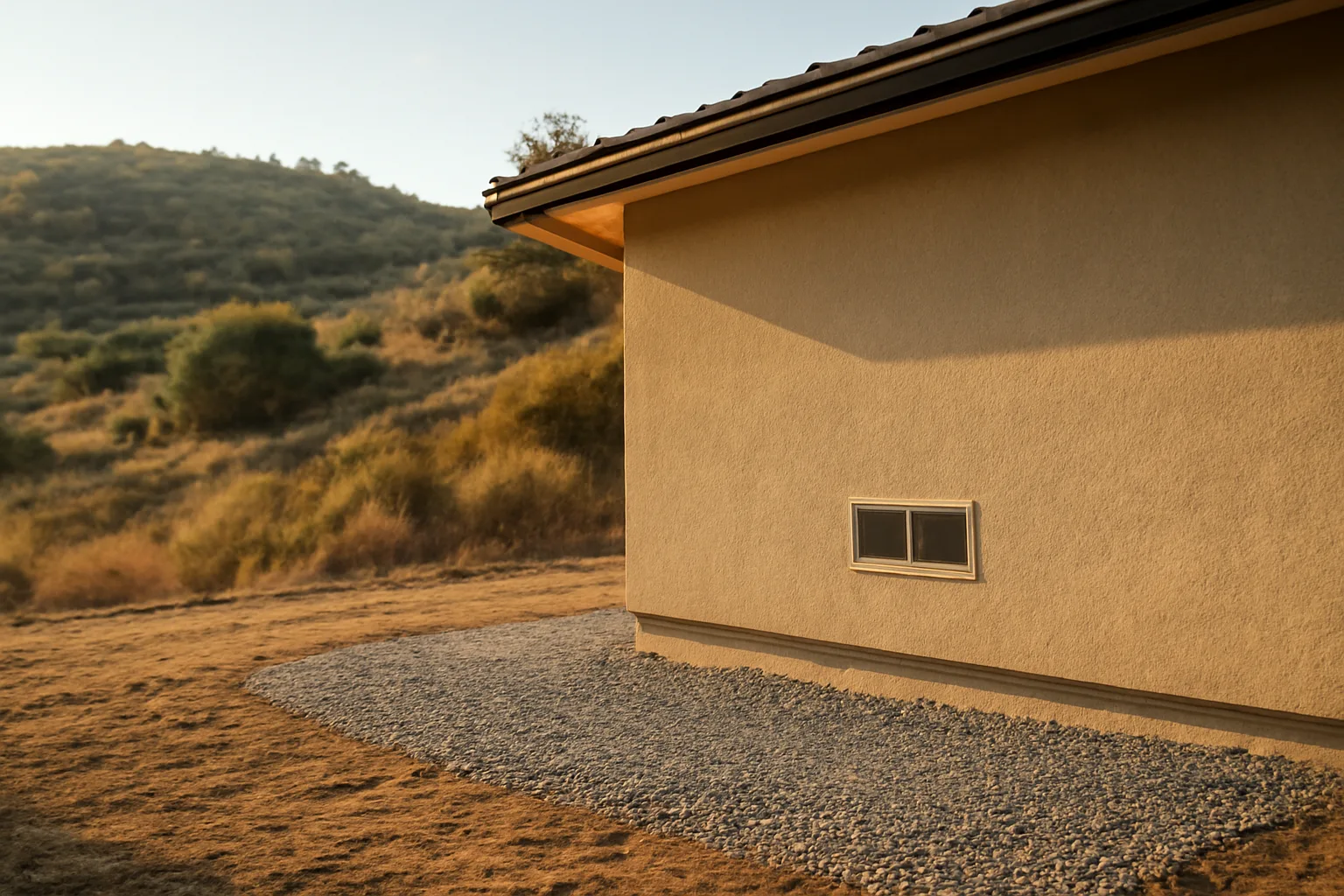 House foundation with cleared gravel zone and ember-resistant vent against a dry chaparral hillside
