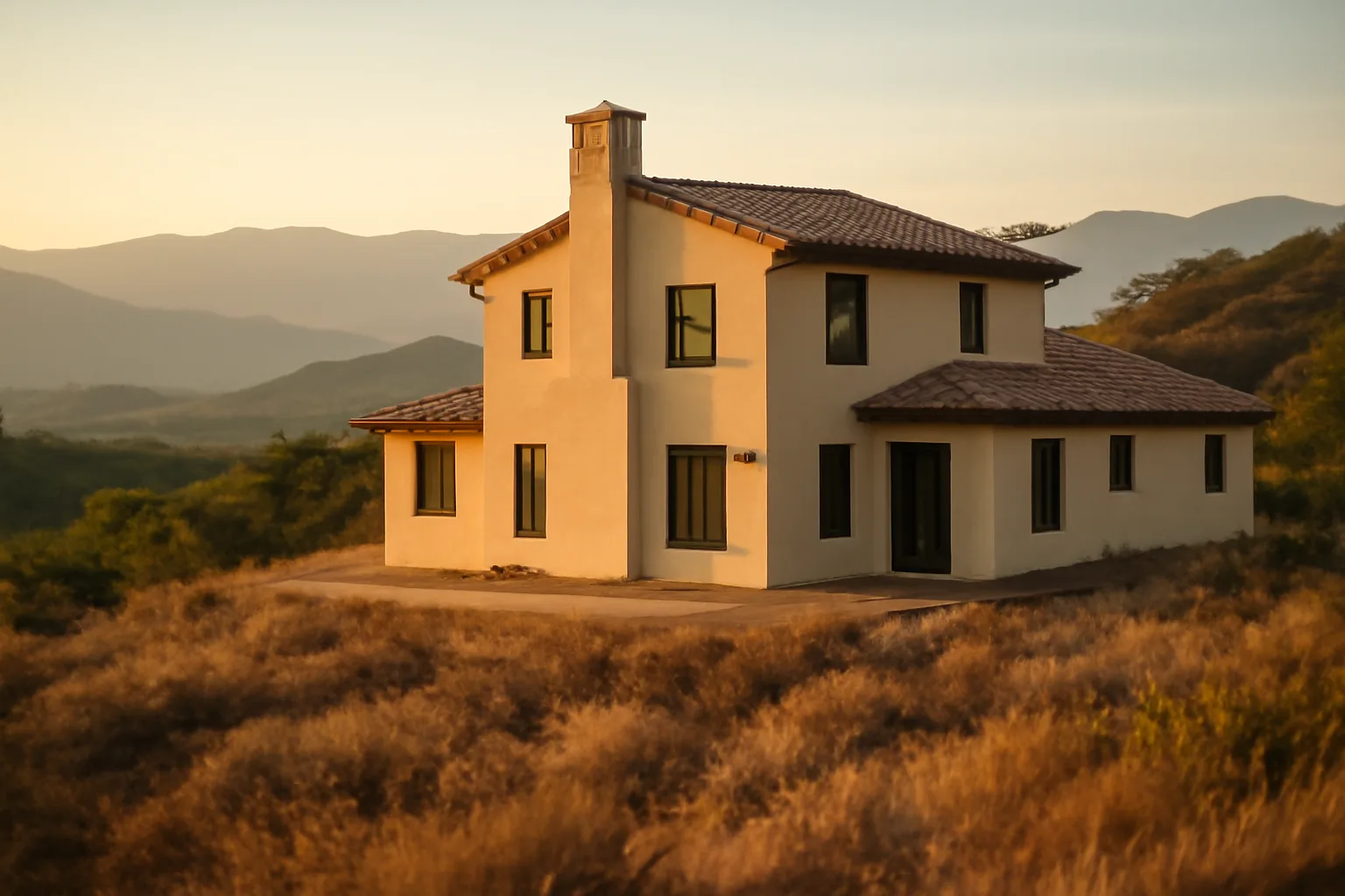 Stucco home with cleared defensible space brush on a dry California hillside at sunset