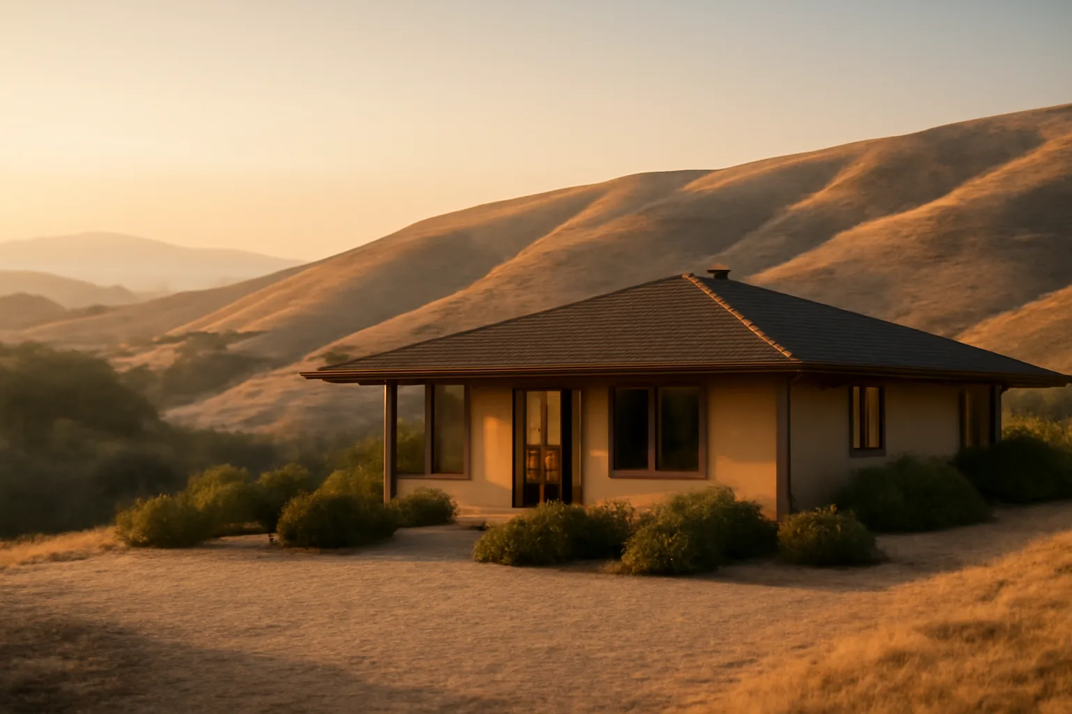 Hillside home with cleared defensible space and distant wildfire smoke haze