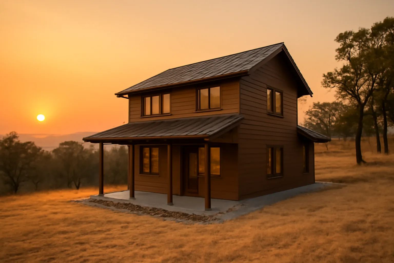 California hillside home showing defensible space zones cleared around the structure at dusk