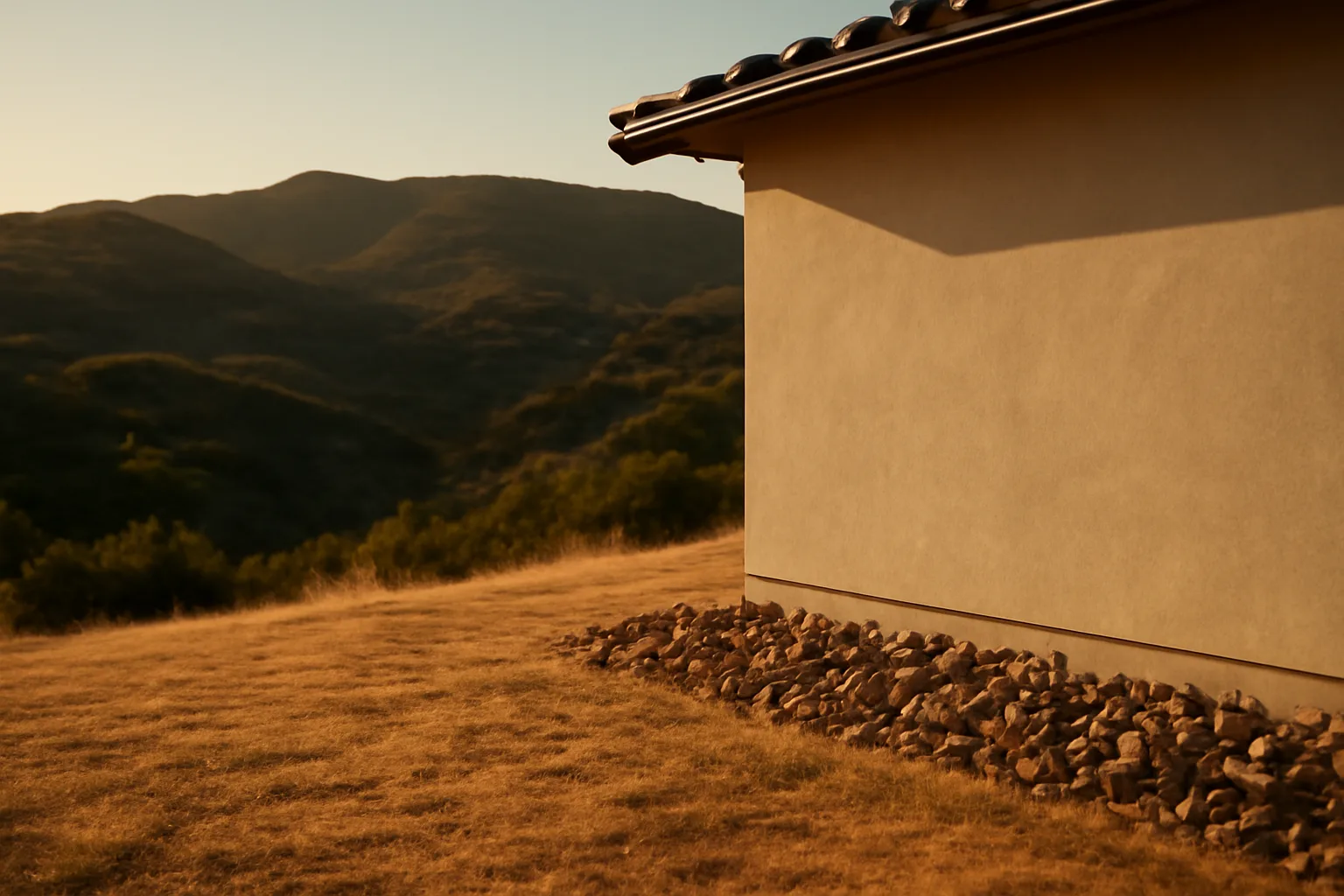 Cleared defensible space zone of dry grass and rock mulch beside a hillside home