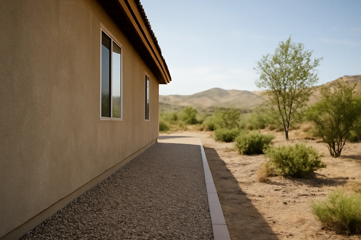Home foundation with gravel zone transitioning to thinned brush, illustrating defensible space zones