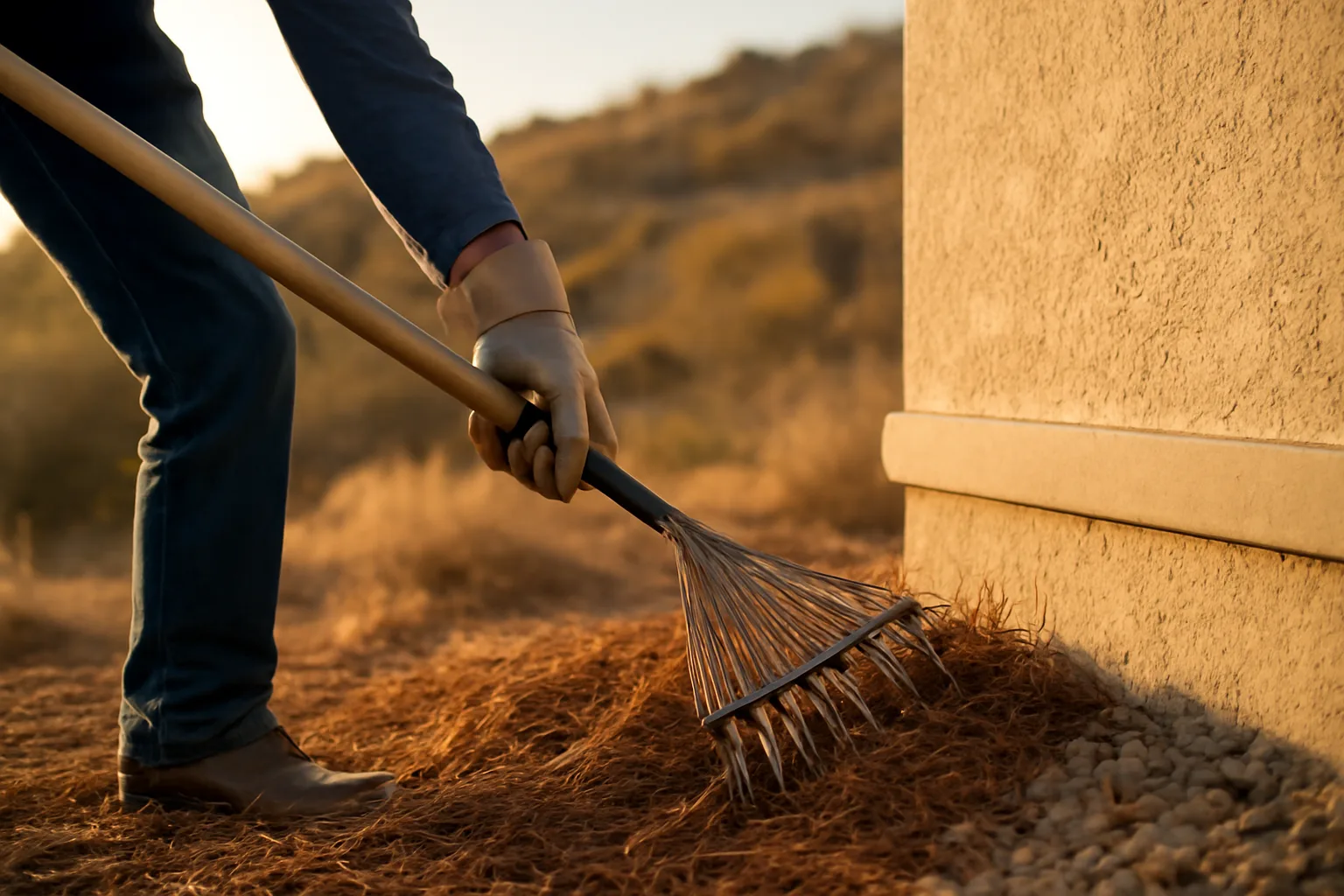 Homeowner clearing mulch and debris near a house foundation for defensible space compliance