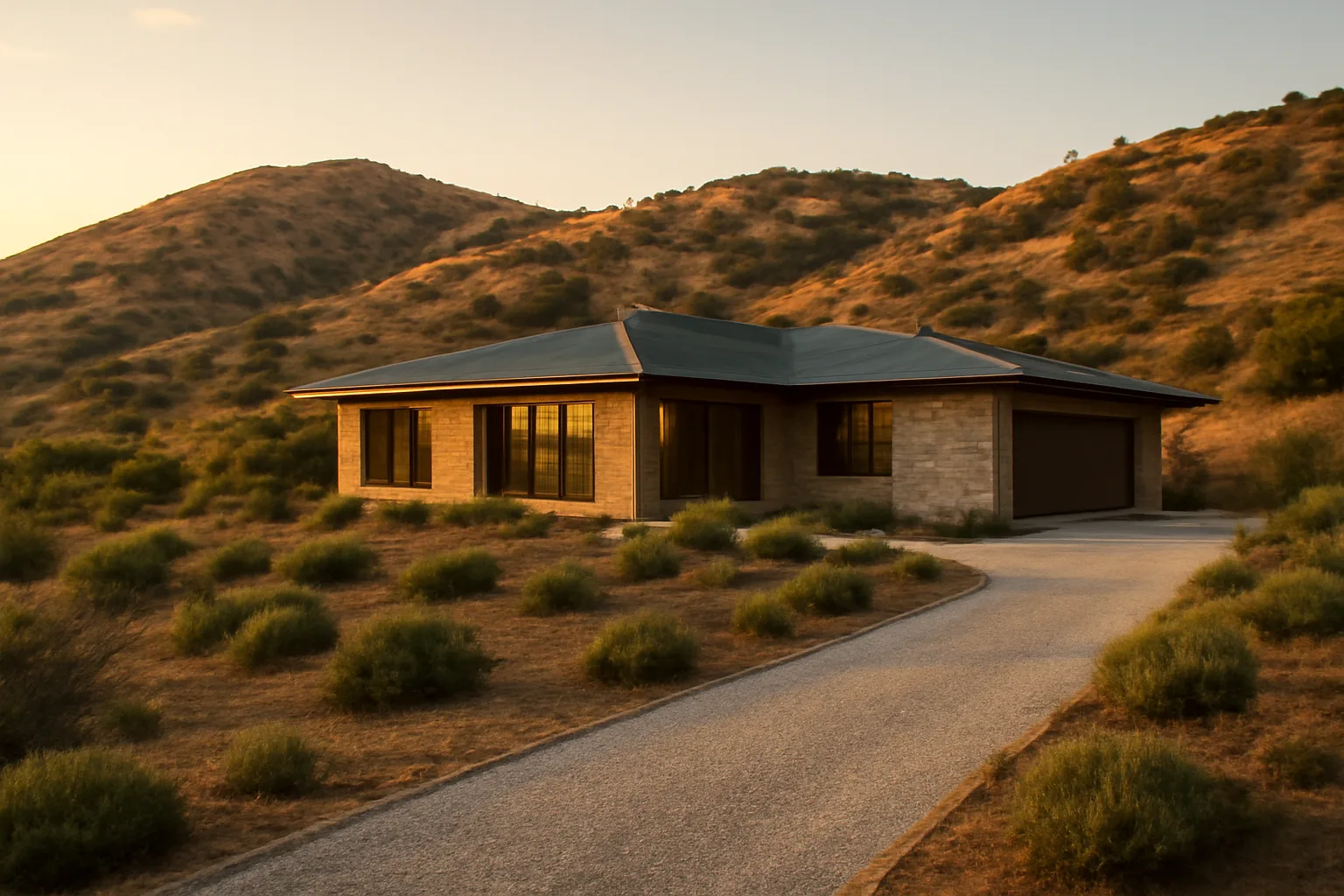 Hillside California home showing defensible space zones with cleared perimeter and thinned brush