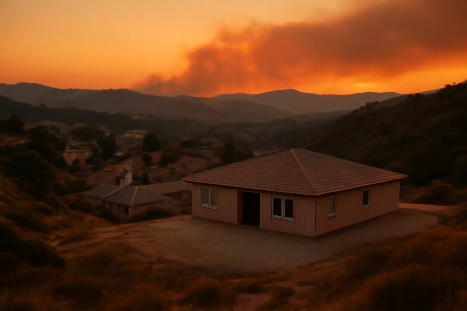Hillside home with cleared defensible space and wildfire smoke visible in the distance